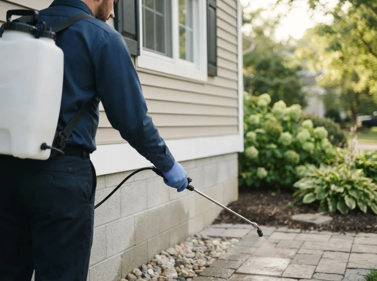 Pest control technician inspecting a home in Waldron, IN
